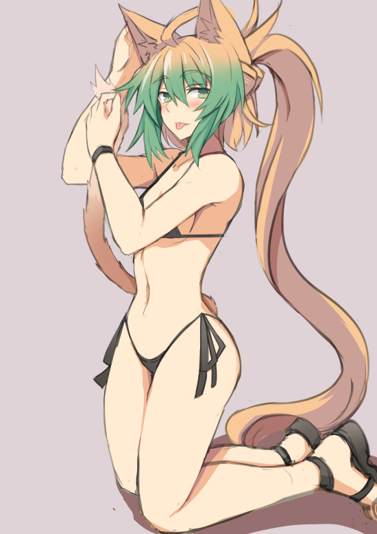 1girl ahoge alternate_hairstyle animal_ears atalanta_(fate) bikini black_bikini blonde_hair blush breasts cat_ears fate/apocrypha fate_(series) green_eyes green_hair hair_between_eyes kneeling looking_at_viewer multicolored_hair nahu navel short_hair side-tie_bikini small_breasts solo swimsuit tongue tongue_out