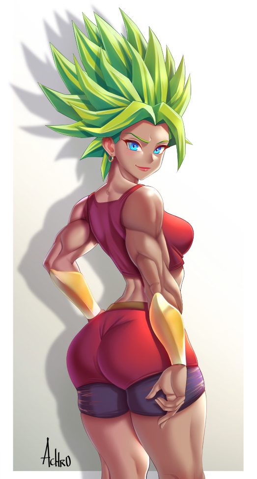 1girl achromaru ass biceps blonde_hair blue_eyes border breasts dragon_ball dragon_ball_super earrings english_commentary jewelry kale_(dragon_ball) looking_at_viewer looking_back medium_breasts midriff muscle muscular_female shadow signature solo spiky_hair super_saiyan white_border