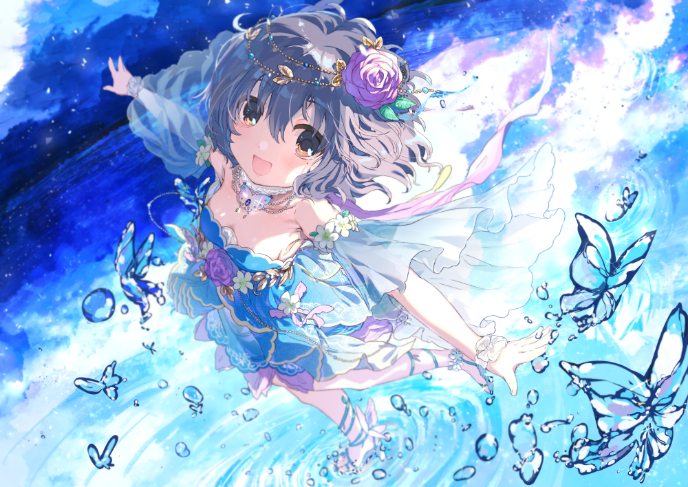 1girl :d armpits blue_dress blurry blush bracelet bug butterfly depth_of_field detached_sleeves dot_nose dress flat_chest flower from_above grey_hair hair_flower hair_ornament head_wreath idolmaster idolmaster_cinderella_girls insect jewelry laurels layered_dress leg_up looking_at_viewer narumiya_yume necklace night night_sky open_mouth outstretched_arms purple_flower purple_ribbon purple_rose ribbon rose sandals short_hair sky sleeveless sleeveless_dress smile social_kasu_(mob_oji_katu) solo walking walking_on_liquid water water_drop wavy_hair wide_sleeves yellow_eyes