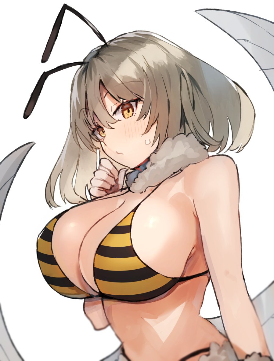 1girl antennae bee bee_costume bikini blush breasts bug copyright_request eyebrows_visible_through_hair insect kasuka_(kusuki) large_breasts medium_hair simple_background solo striped striped_bikini swimsuit upper_body white_background wings yellow_eyes