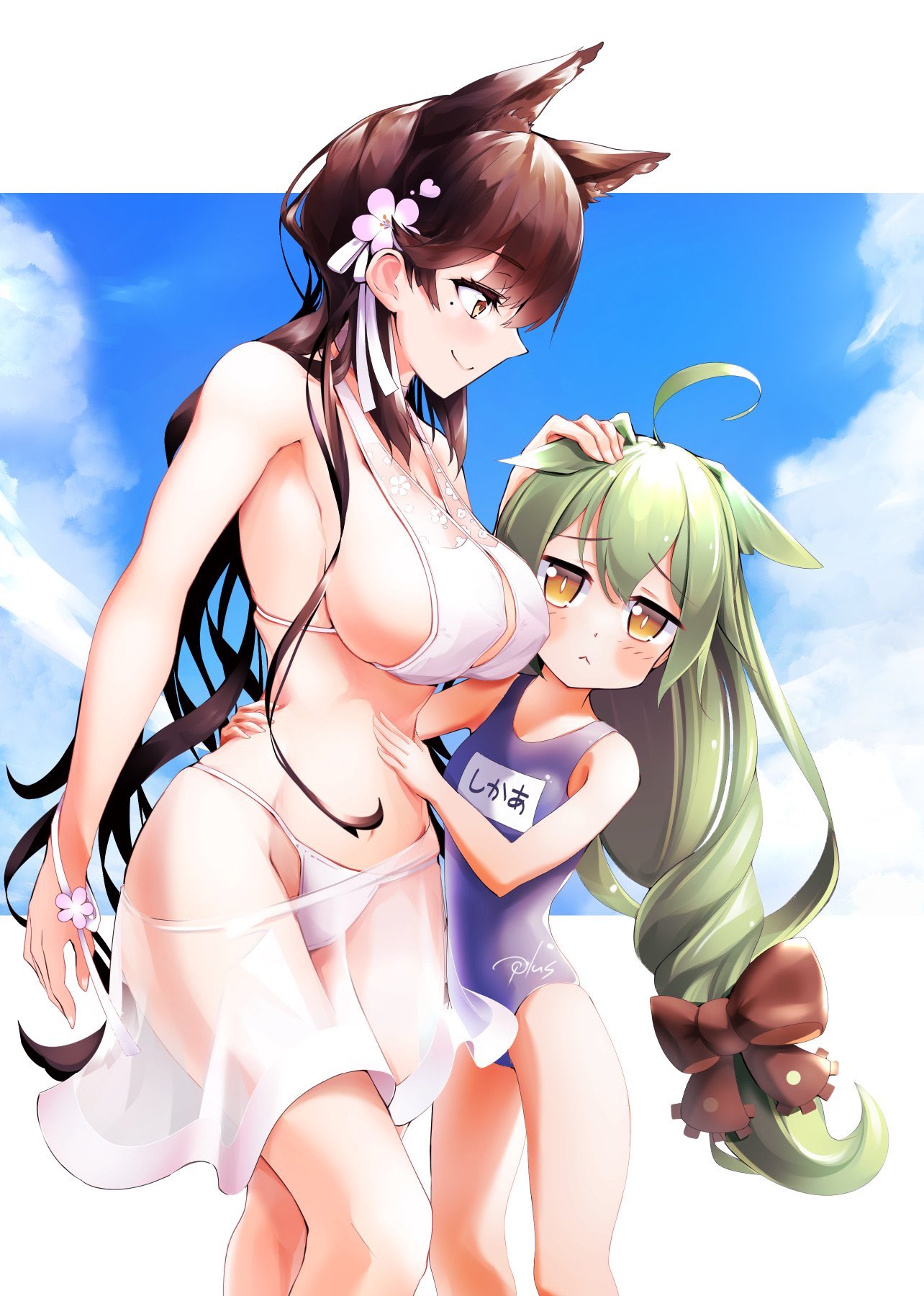 2girls :&lt; age_difference ahoge akashi_(azur_lane) animal_ears atago_(azur_lane) atago_(midsummer_march)_(azur_lane) azur_lane bikini blue_sky blue_swimsuit bow breasts brown_bow brown_hair closed_mouth clouds commentary day flat_chest flower green_hair hair_bow hair_flower hair_ornament hair_ribbon hand_on_another's_head height_difference highres large_breasts long_hair looking_at_another looking_at_viewer mole mole_under_eye multiple_girls old_school_swimsuit one-piece_swimsuit ribbon school_swimsuit signature sky smile standing swimsuit triangle_purasu very_long_hair white_bikini white_ribbon yellow_eyes