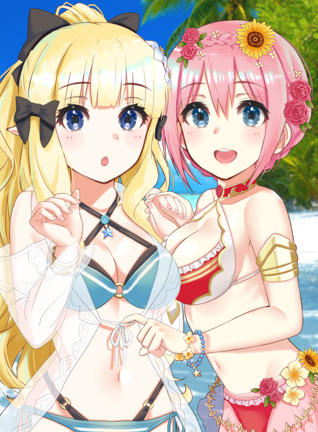 bangs bikini black_bow blonde_hair blue_eyes blush bow breasts elf eyebrows_visible_through_hair flower ginnote hair_between_eyes hair_bow hair_flower hair_ornament hairband large_breasts long_hair looking_at_viewer open_mouth pink_hair pointy_ears ponytail princess_connect! princess_connect!_re:dive saren_(princess_connect!) short_hair smile solo swimsuit yui_(princess_connect!)