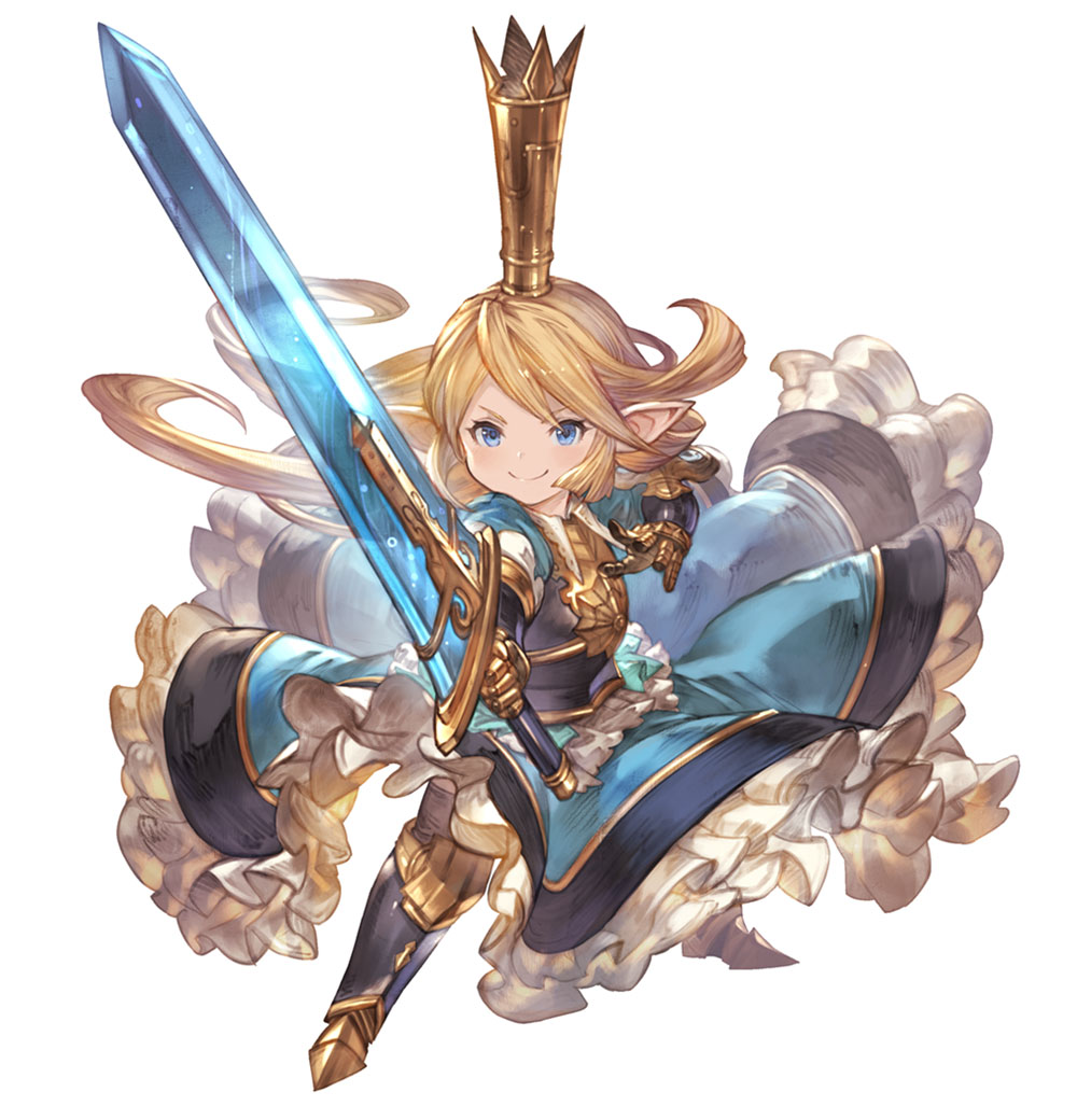 &gt;:) 1girl armor armored_boots armored_dress blonde_hair blue_dress blue_eyes boots charlotta_fenia crown dress fighting_stance frills full_body gauntlets granblue_fantasy granblue_fantasy_versus harvin long_hair minaba_hideo official_art pointy_ears smile solo sword tall_crown transparent_background weapon