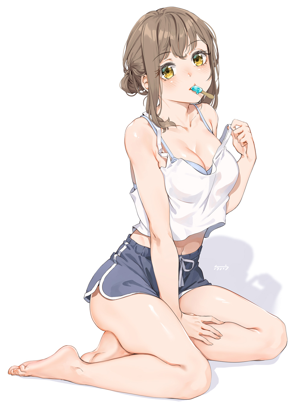 1girl bare_arms bare_legs bare_shoulders barefoot bra brown_hair eyebrows_visible_through_hair fangxiang_cuoluan feet food food_in_mouth highres ice_cream looking_at_viewer medium_hair navel original short_hair short_shorts shorts sitting tank_top underwear white_background yellow_eyes