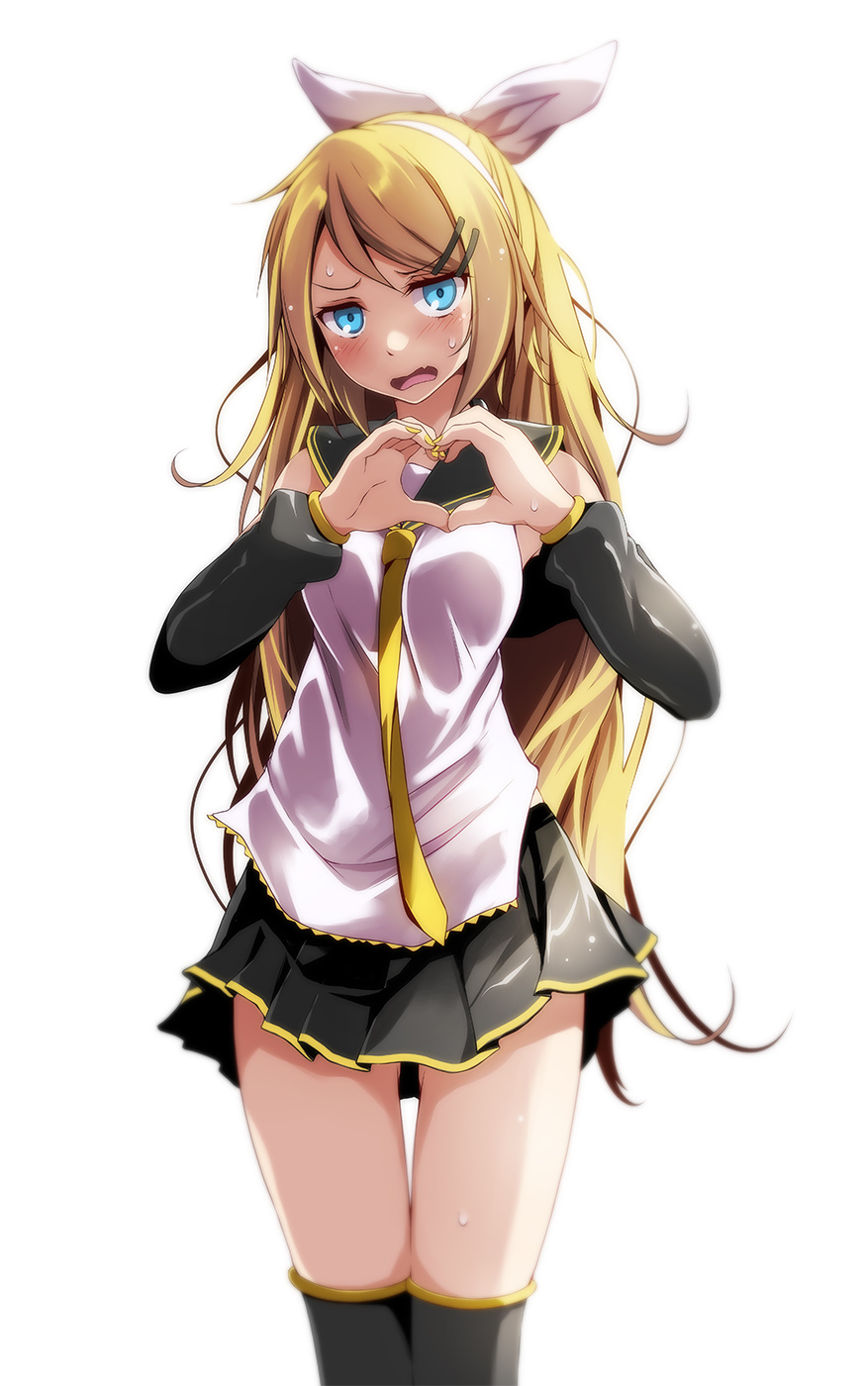 1girl black_skirt black_thighhighs boots breasts female heart_hands highres kagamine_rin medium_breasts older open_mouth pleated_skirt project_diva_(series) skirt solo sweat thigh-highs thigh_boots tie tsukishiro_saika vocaloid