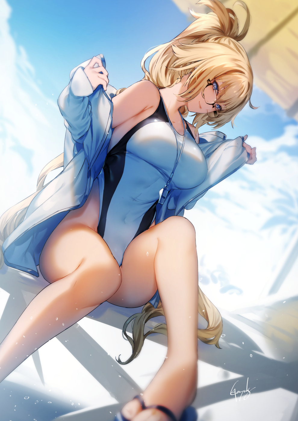 1girl bangs bare_shoulders beach blue_eyes blue_sky breasts closed_mouth fate/grand_order fate_(series) genyaky glasses highleg highleg_swimsuit highres jacket jeanne_d'arc_(fate)_(all) jeanne_d'arc_(swimsuit_archer) large_breasts legs long_hair long_sleeves looking_at_viewer off_shoulder one-piece_swimsuit open_clothes open_jacket ponytail sandals sitting sky smile swimsuit whistle whistle_around_neck white_jacket white_swimsuit