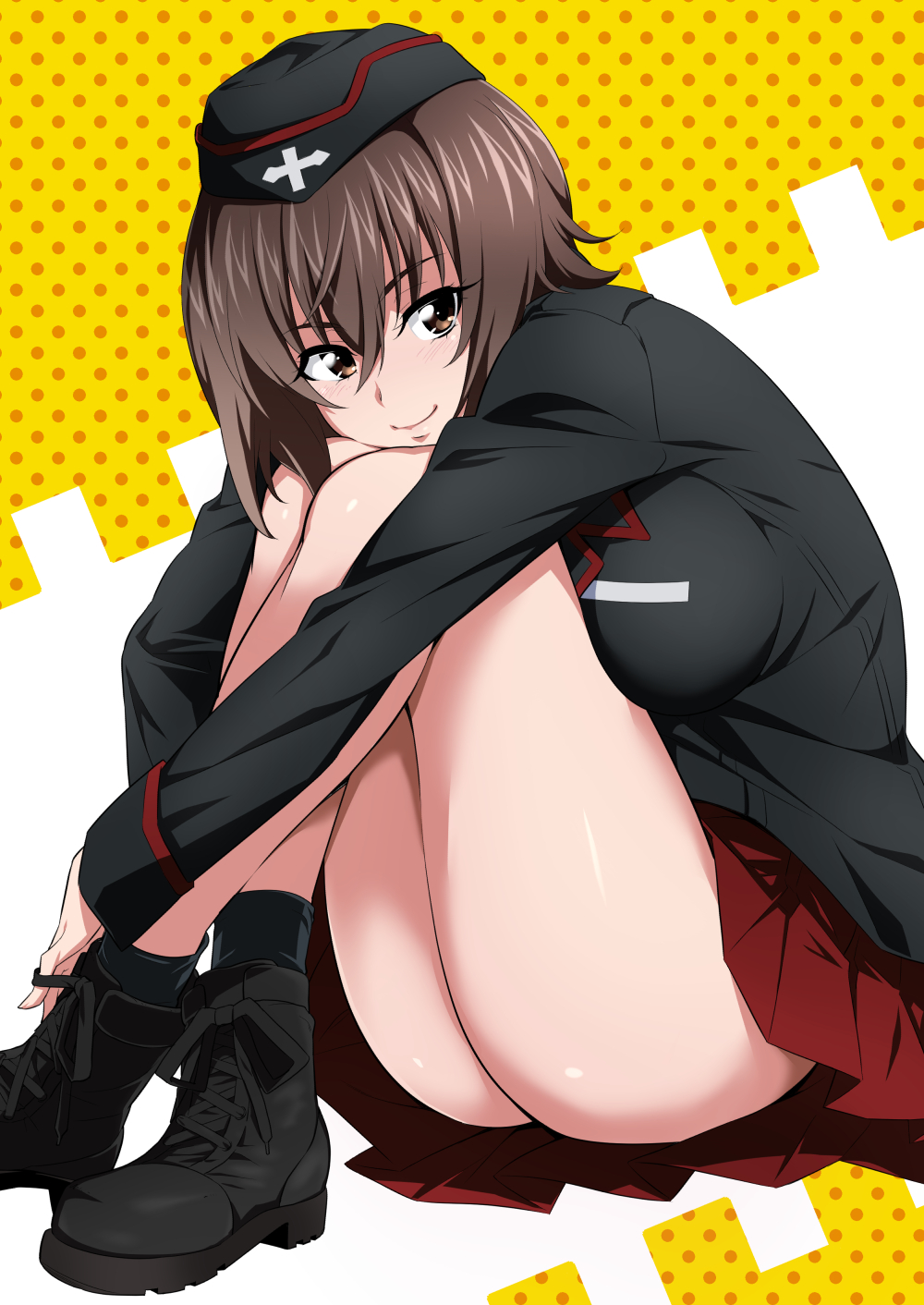 1girl ankle_boots ass bangs black_footwear black_headwear black_jacket black_legwear boots brown_eyes brown_hair closed_mouth commentary cross-laced_footwear from_side garrison_cap girls_und_panzer hat highres insignia jacket kuromorimine_military_uniform leaning_forward leg_hug legs long_sleeves looking_at_viewer military military_hat military_uniform miniskirt nakahira_guy nishizumi_maho pleated_skirt polka_dot polka_dot_background red_skirt short_hair sitting skirt smile socks solo uniform