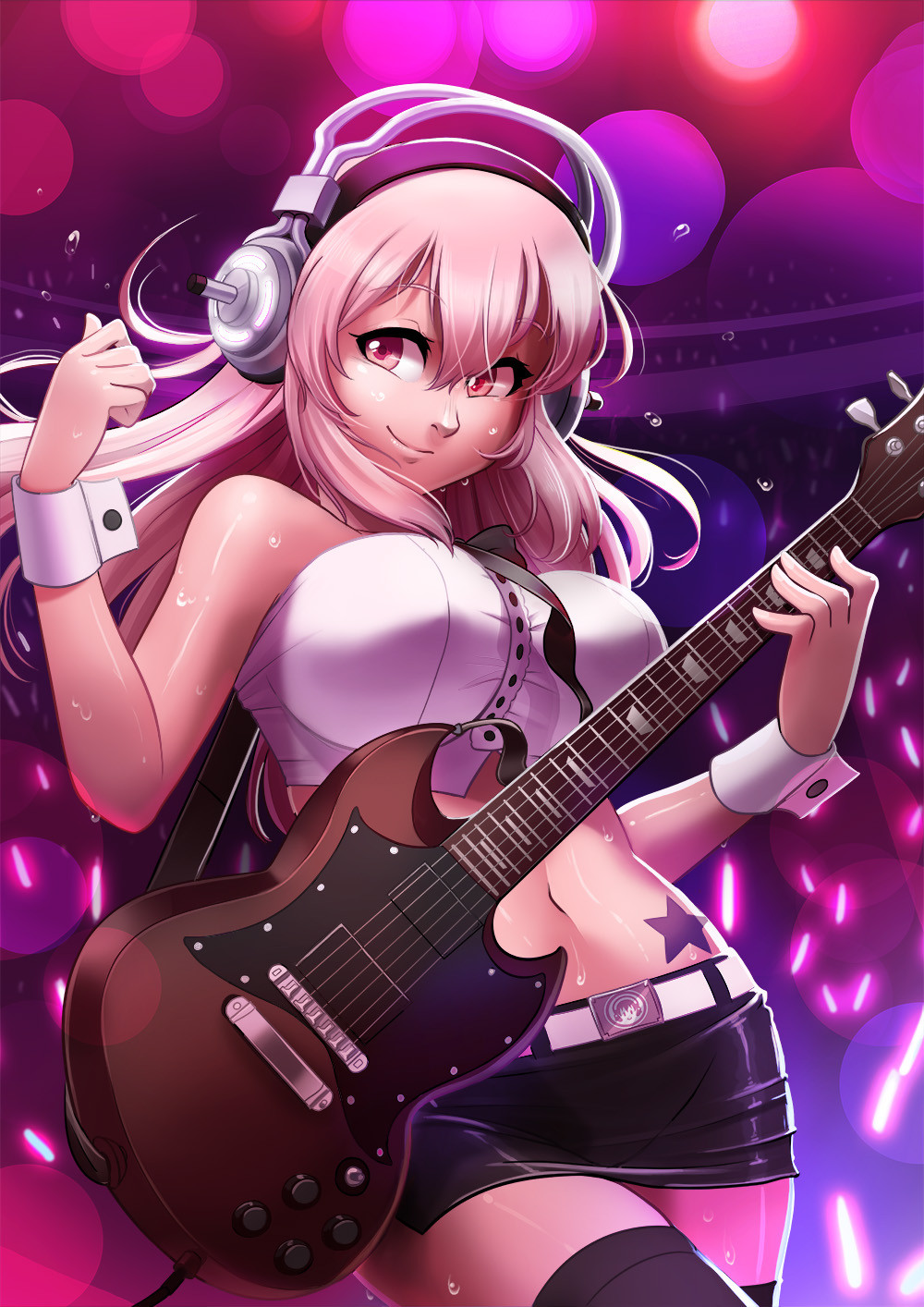 1girl bare_shoulders becurvello belt belt_buckle between_breasts black_legwear black_skirt breasts buckle commentary confetti covered_nipples electric_guitar english_commentary guitar headphones highres impossible_clothes instrument large_breasts lens_flare lens_flare_abuse long_hair midriff miniskirt music navel nitroplus pink_hair playing_instrument red_eyes side_slit skirt sleeveless smile solo star_tattoo stomach_tattoo strap_between_breasts strapless super_sonico tattoo thigh-highs tubetop wireless wrist_cuffs zettai_ryouiki