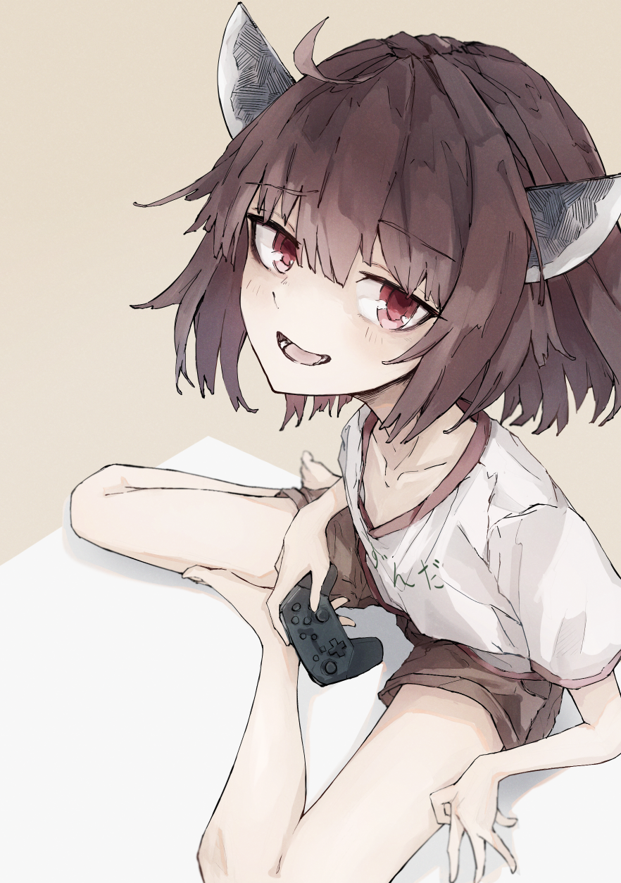 1girl bangs bare_legs brown_hair brown_shorts collared_shirt controller eyebrows_visible_through_hair game_controller gamepad hair_between_eyes headgear highres holding_game_controller looking_at_viewer no_shoes open_mouth red_eyes safutsuguon shirt short_hair shorts sitting smile solo touhoku_kiritan voiceroid white_shirt