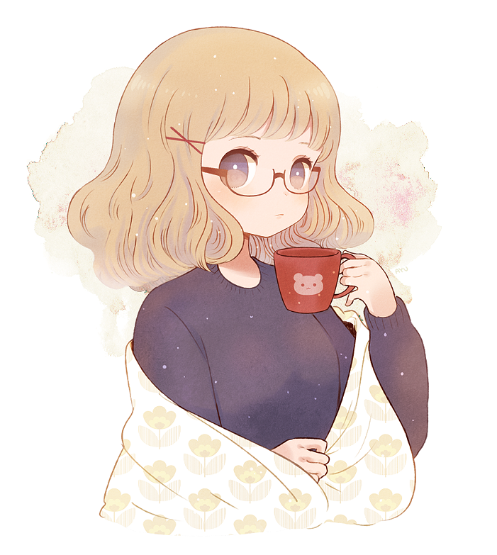 1girl ayu_(mog) black_sweater bright_pupils brown-framed_eyewear brown_eyes brown_hair closed_mouth cup floral_print glasses hair_ornament holding holding_cup looking_at_viewer semi-rimless_eyewear solo sweater under-rim_eyewear unmoving_pattern upper_body white_pupils x_hair_ornament