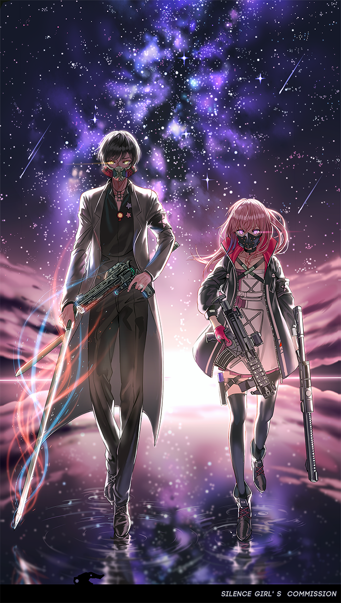 1boy 1girl ar-15 black_hair blue_eyes clouds commission dual_wielding flat_chest girls_frontline glowing glowing_eyes gun handgun highres holding holding_weapon jacket long_coat long_hair mismatched_legwear pink_hair reflection reflective_water revolver rifle shooting_star short_hair side_ponytail silence_girl single_thighhigh sky st_ar-15_(girls_frontline) standing standing_on_liquid star_(sky) starry_sky sword thigh-highs thigh_strap very_short_hair weapon yellow_eyes