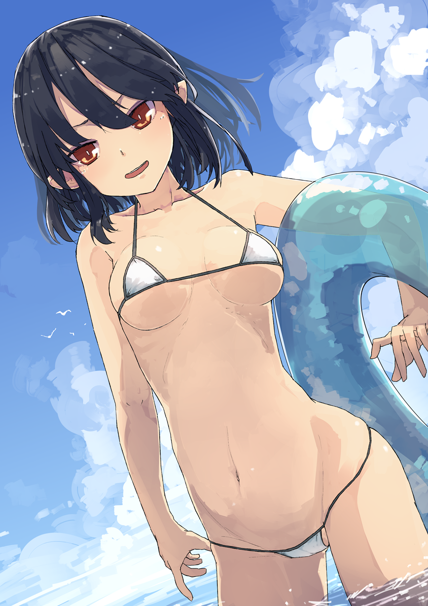 1girl :d bikini black_hair blue_sky breasts clouds dutch_angle eyeliner futatsuki_eru highres innertube long_hair looking_at_viewer makeup medium_hair micro_bikini navel open_mouth ponytail shameimaru_aya sky smile solo swimsuit touhou wading white_bikini