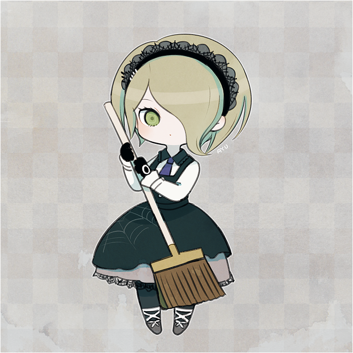 1girl ayu_(mog) black_gloves closed_mouth collared_vest dangan_ronpa gloves green_eyes green_hair green_legwear green_skirt green_vest grey_background grey_footwear hair_over_one_eye hairband holding long_sleeves looking_at_viewer necktie new_dangan_ronpa_v3 pantyhose pigeon-toed purple_neckwear shirt shoes short_hair signature skirt solo toujou_kirumi vest white_shirt wing_collar