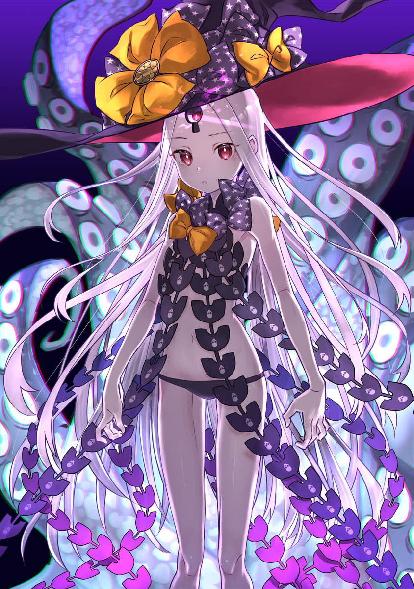 1girl 90kyuuri abigail_williams_(fate/grand_order) bangs bare_shoulders black_bow black_headwear black_panties bow breasts fate/grand_order fate_(series) forehead glowing glowing_eye hat highres keyhole long_hair multiple_bows navel orange_bow panties parted_bangs parted_lips purple_background red_eyes small_breasts star_(symbol) star_print tentacles thighs third_eye underwear white_hair white_skin witch_hat