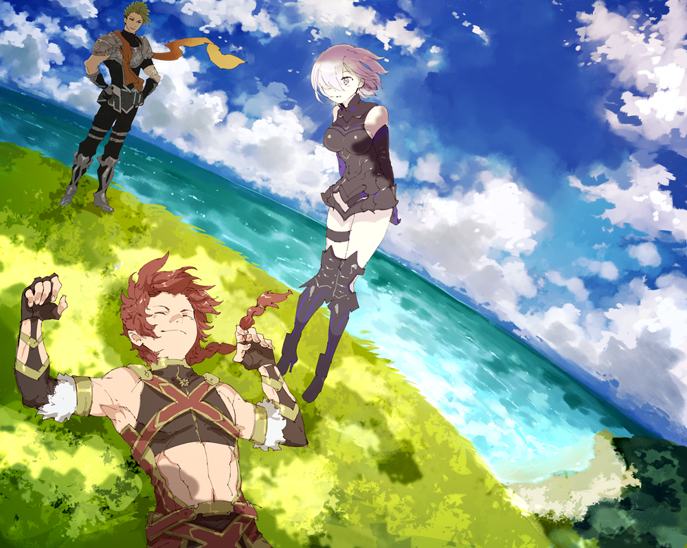 1girl 2boys abs achilles_(fate) alexander_(fate/grand_order) armor armored_dress bare_shoulders breasts clouds cloudy_sky fate/apocrypha fate/grand_order fate_(series) green_hair hair_over_one_eye lavender_hair long_hair mash_kyrielight multiple_boys muscle redhead revealing_clothes short_hair sky smile stretch tetsu_(teppei) toned toned_male violet_eyes