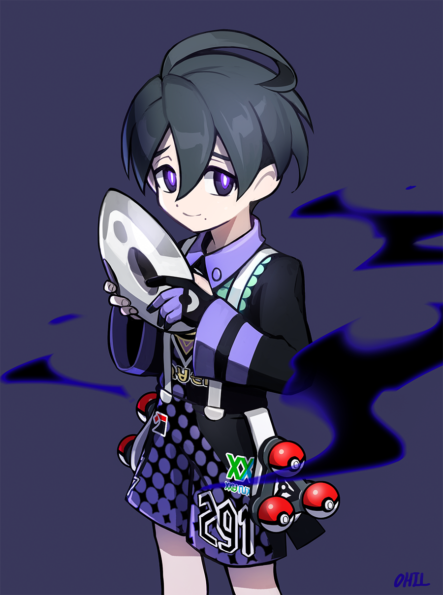 1boy ahoge bangs black_hair collared_shirt commentary_request gloves gym_leader hair_between_eyes highres holding holding_mask looking_at_viewer male_focus mask mask_removed ohil_(ohil822) onion_(pokemon) poke_ball poke_ball_(generic) pokemon pokemon_(game) pokemon_swsh print_shirt print_shorts purple_background shirt shorts simple_background single_glove smile solo suspender_shorts suspenders violet_eyes
