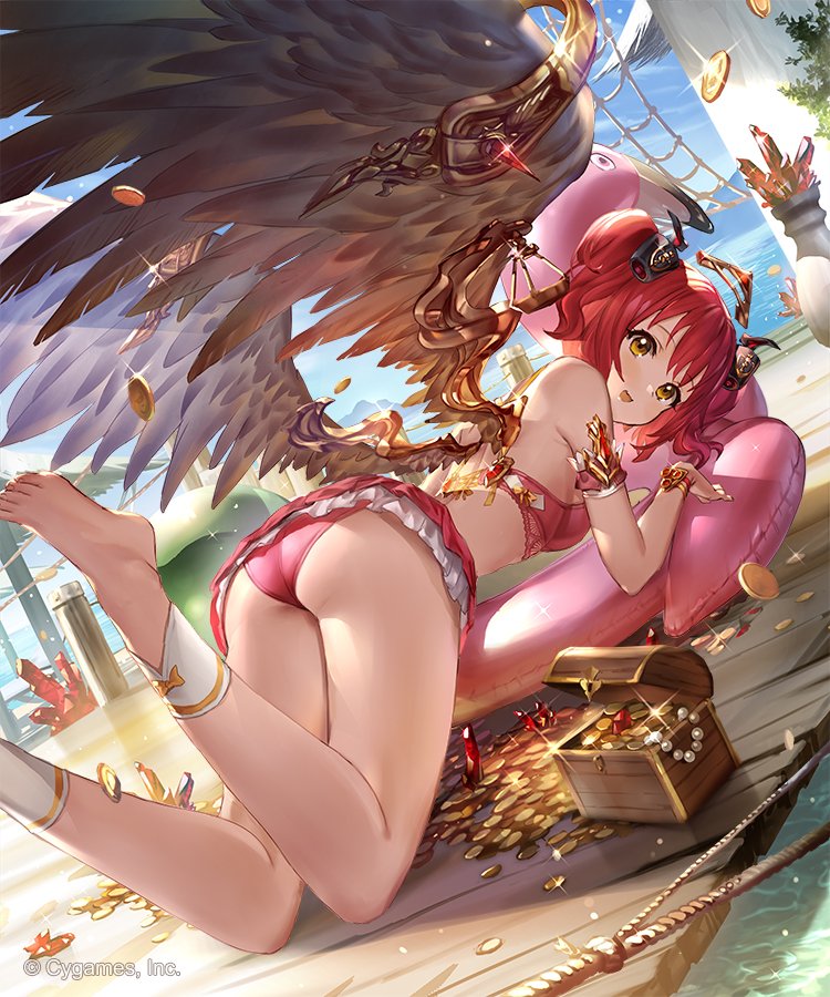 1girl 77gl angel_wings ass bangs bare_arms barefoot bikini bikini_skirt breasts commentary day feathered_wings from_behind gold_coin inflatable_raft jewelry kurosawa_ruby legs_up looking_at_viewer looking_back love_live! love_live!_sunshine!! necklace open_mouth outdoors pearl_necklace plant red_bikini redhead rope_ladder small_breasts smile solo swimsuit thighs treasure_chest wings wooden_floor yellow_eyes