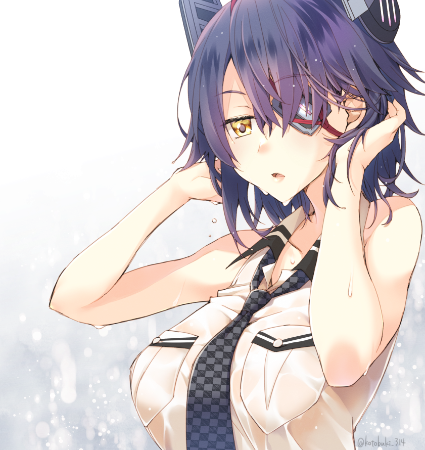 1girl adjusting_hair breast_pocket checkered checkered_neckwear collarbone collared_shirt commentary_request eyebrows_visible_through_hair eyepatch hair_over_one_eye kantai_collection kotobuki_(momoko_factory) looking_away messy_hair necktie parted_lips pocket purple_hair shirt short_hair sleeveless solo tenryuu_(kantai_collection) twitter_username wet wet_clothes wet_shirt white_shirt