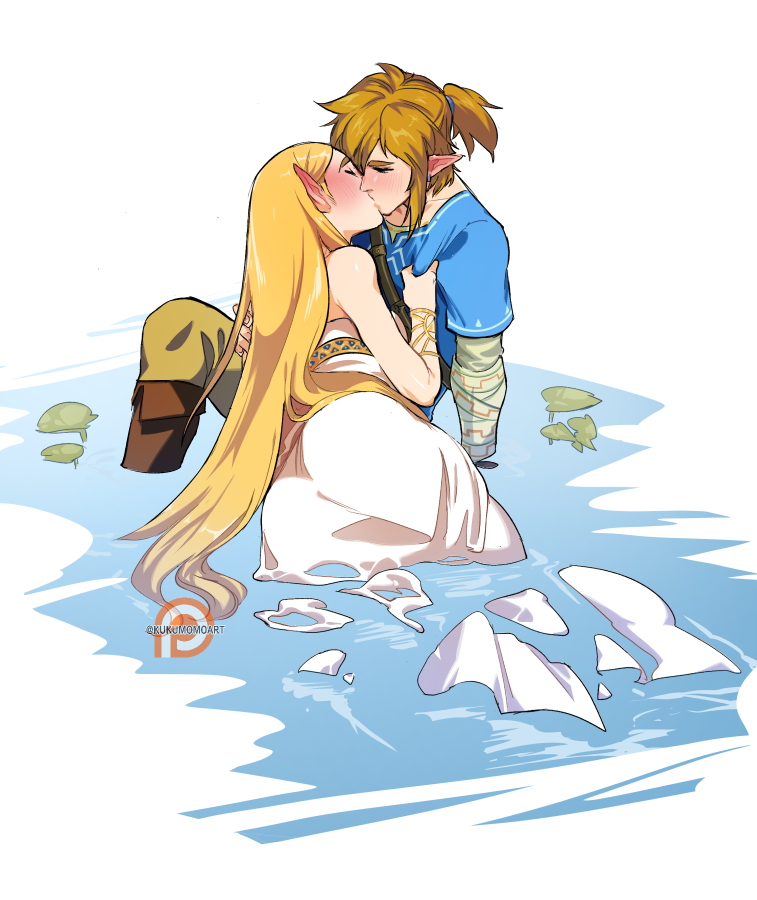 1boy 1girl blonde_hair blue_shirt blush boots bracer brown_hair closed_eyes couple dress earrings hair_down hetero jewelry kiss kukumomo link long_dress long_hair long_sleeves partially_submerged patreon_logo plant pointy_ears ponytail princess_zelda shirt short_over_long_sleeves short_sleeves sidelocks sleeveless sleeveless_dress the_legend_of_zelda the_legend_of_zelda:_breath_of_the_wild thick_eyebrows torso_grab very_long_hair water wet wet_clothes wet_dress white_dress