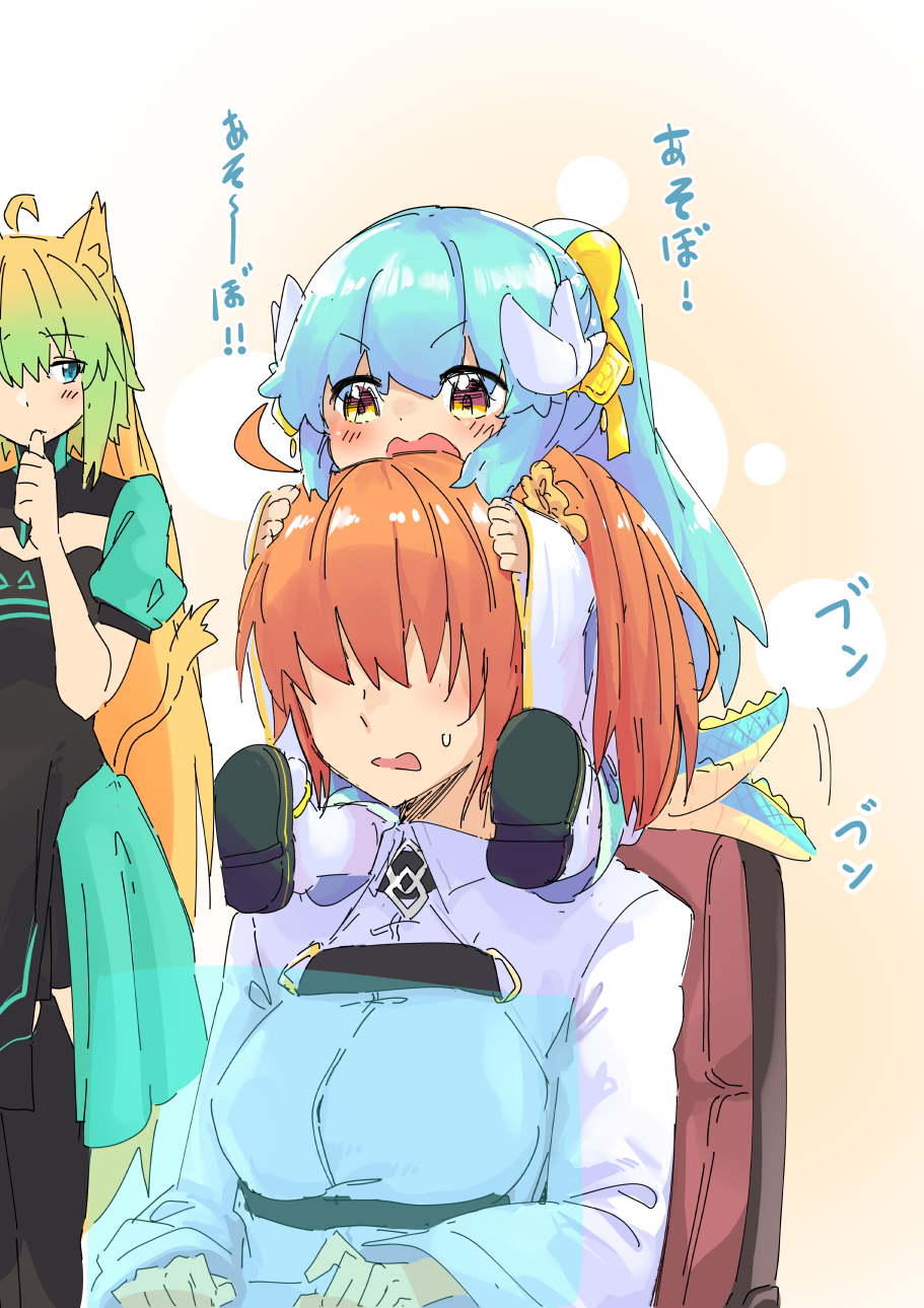 3girls ahoge animal_ears aqua_hair atalanta_(fate) biting blonde_hair blue_eyes blush bow carrying cat_ears cat_tail chaldea_uniform check_translation commentary_request dragon_girl dragon_horns dragon_tail fate/grand_order fate_(series) fujimaru_ritsuka_(female) green_hair hair_bow hair_ornament hair_scrunchie hands_on_another's_head highres hologram horns japanese_clothes kimono kiyohime_(fate/grand_order) long_hair multicolored_hair multiple_girls multiple_horns no_eyes open_mouth orange_hair partially_translated scrunchie shoulder_carry side_ponytail sitting sitting_on_person sketch sweatdrop tail tail_wagging thumb_biting translation_request two-tone_hair wide_sleeves yellow_bow yellow_eyes yellow_scrunchie younger zooanime