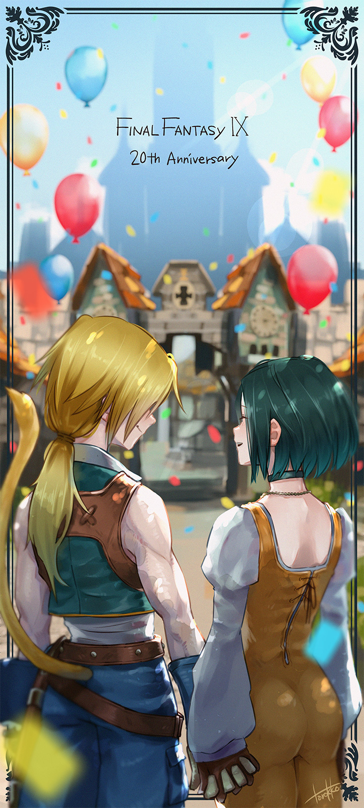 1boy 1girl anniversary ass back balloon black_hair blonde_hair blurry blurry_background castle confetti copyright_name couple final_fantasy final_fantasy_ix from_behind garnet_til_alexandros_xvii gloves highres ponytail short_hair sleeveless smile tail torokko zidane_tribal