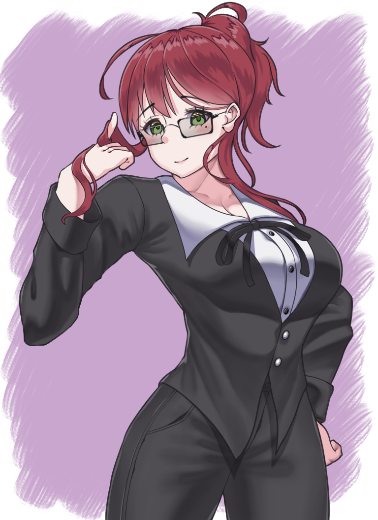 black_ribbon collared_shirt formal glasses green_eyes hair_twirling hand_on_hip himeliofon mole mole_under_eye office_lady original pants purple_background rectangular_eyewear redhead ribbon shirt suit updo vest_over_shirt white_shirt