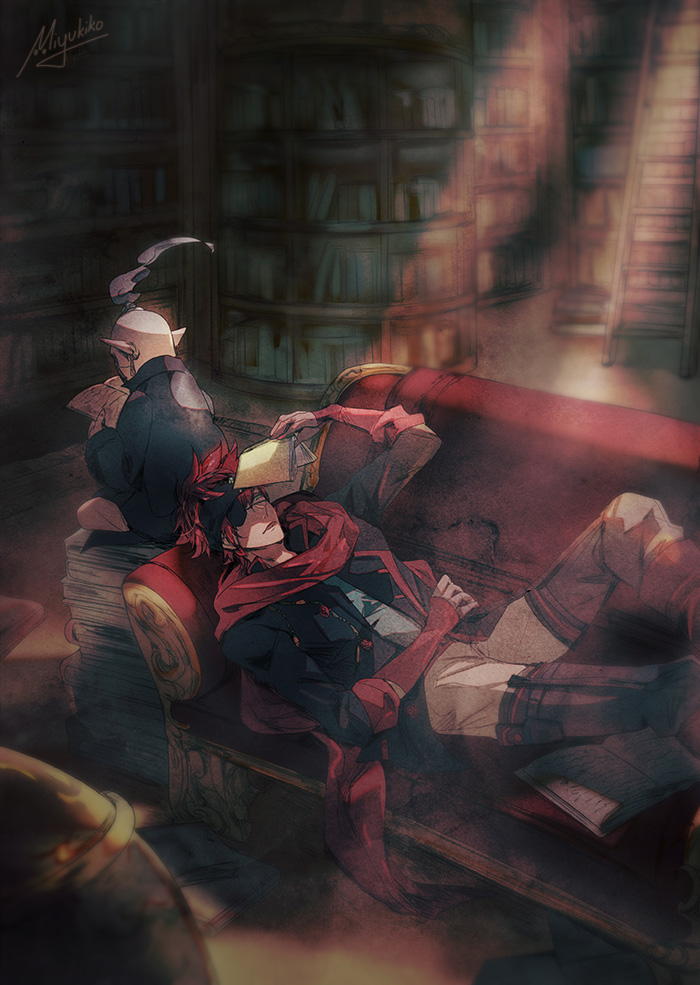 2boys black_jacket bookman bookshelf brown_pants couch d.gray-man eyepatch high_ponytail holding indoors jacket lavi library long_sleeves lying male_focus miyukiko multiple_boys on_back pants pointy_ears reading red_scarf redhead scarf signature sitting spiky_hair
