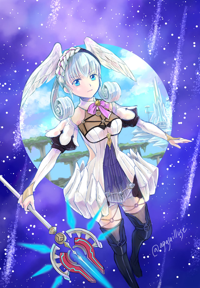 1girl agasa_(agasaillust) aqua_eyes blue_eyes energy_spear energy_weapon feet_out_of_frame head_wings holding holding_staff juliet_sleeves long_sleeves melia meteor_shower o-ring puffy_sleeves silver_hair solo staff thigh-highs twitter_username xenoblade_(series) xenoblade_1