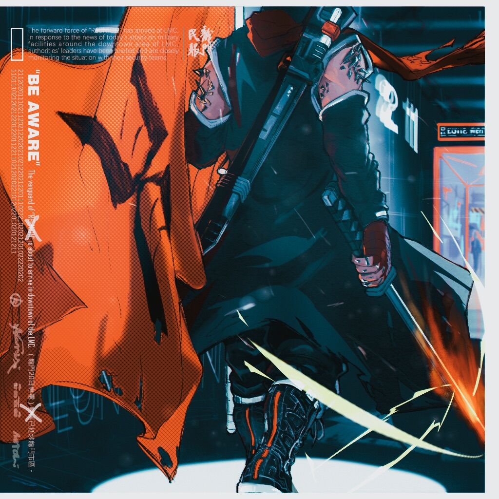 1boy arknights black_footwear commentary_request english_text flag gameplay_mechanics holding holding_flag logo orange_scarf ore_lesion_(arknights) originium_(arknights) reunion_logo_(arknights) scarf sword weapon