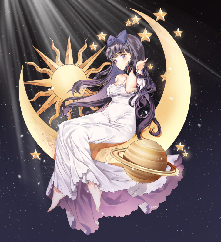 1girl barefoot blush bow cardcaptor_sakura chungu closed_mouth crescent_moon daidouji_tomoyo dress eyebrows_visible_through_hair floating_hair foot_dangle hair_bow hand_in_hair hand_up long_dress long_hair moon purple_bow purple_hair saturn_(planet) sitting sky smile solo star star_(sky) starry_sky sun symbol_commentary white_dress