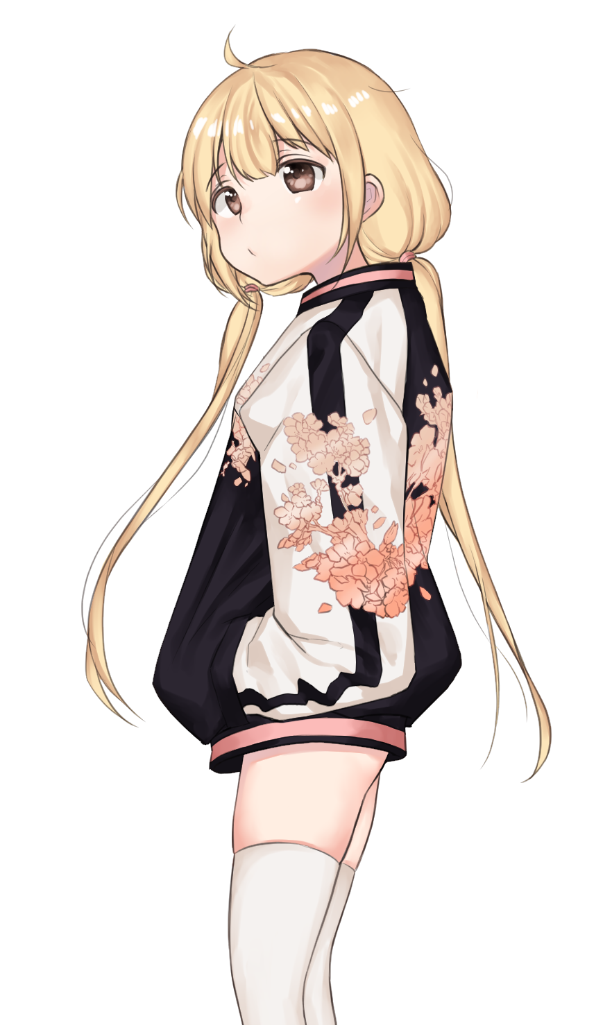 1girl blonde_hair brown_eyes chungu from_side futaba_anzu hands_in_pockets highres idolmaster idolmaster_cinderella_girls jacket long_hair low_twintails solo standing sukajan thigh-highs twintails very_long_hair white_background white_legwear