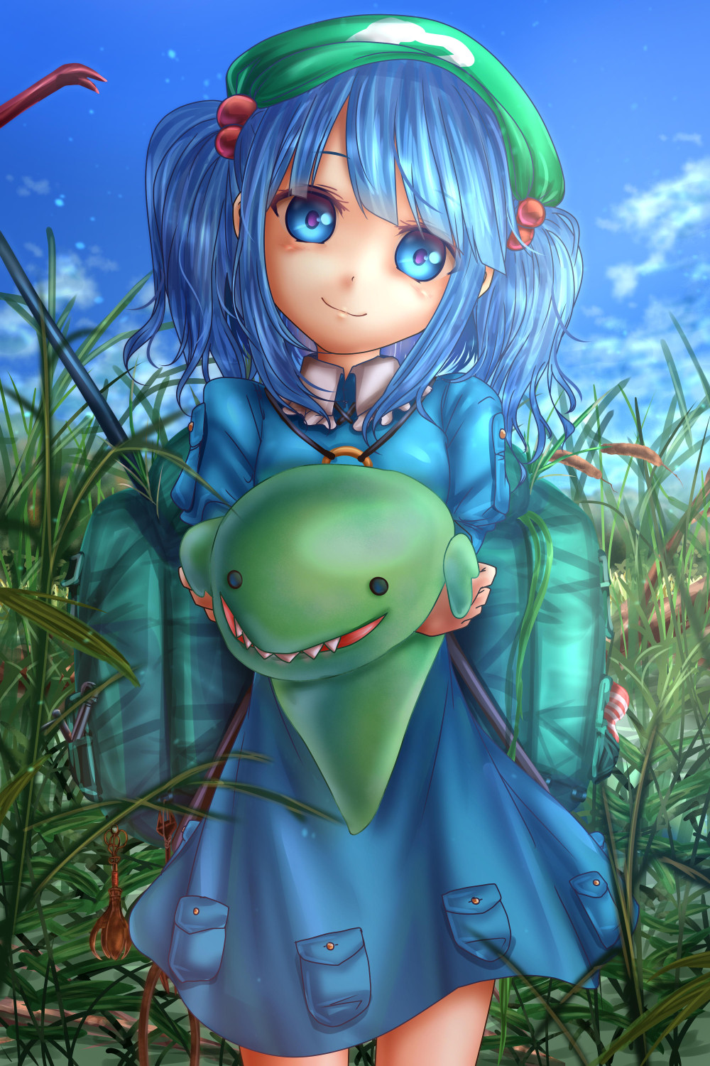 1girl blue_eyes blue_hair blue_shirt blue_skirt breasts commentary_request crowbar eyebrows_visible_through_hair frilled_shirt_collar frills highres kawashiro_nitori long_sleeves looking_at_viewer medium_hair outdoors pocket shirt shounen_(hogehoge) skirt small_breasts smile stuffed_animal stuffed_toy touhou twintails