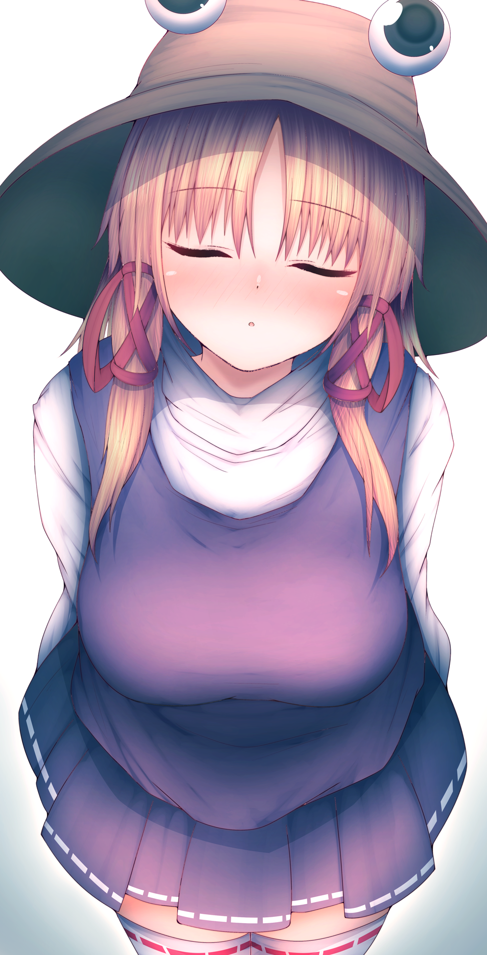 1girl blonde_hair blush breasts brown_headwear closed_eyes darumoon dress eyebrows_visible_through_hair highres long_sleeves moriya_suwako open_mouth purple_dress pyonta red_ribbon ribbon ribbon-trimmed_clothes ribbon-trimmed_legwear ribbon-trimmed_skirt ribbon_trim shirt short_hair short_hair_with_long_locks simple_background solo thighs touhou white_background white_ribbon white_shirt white_sleeves