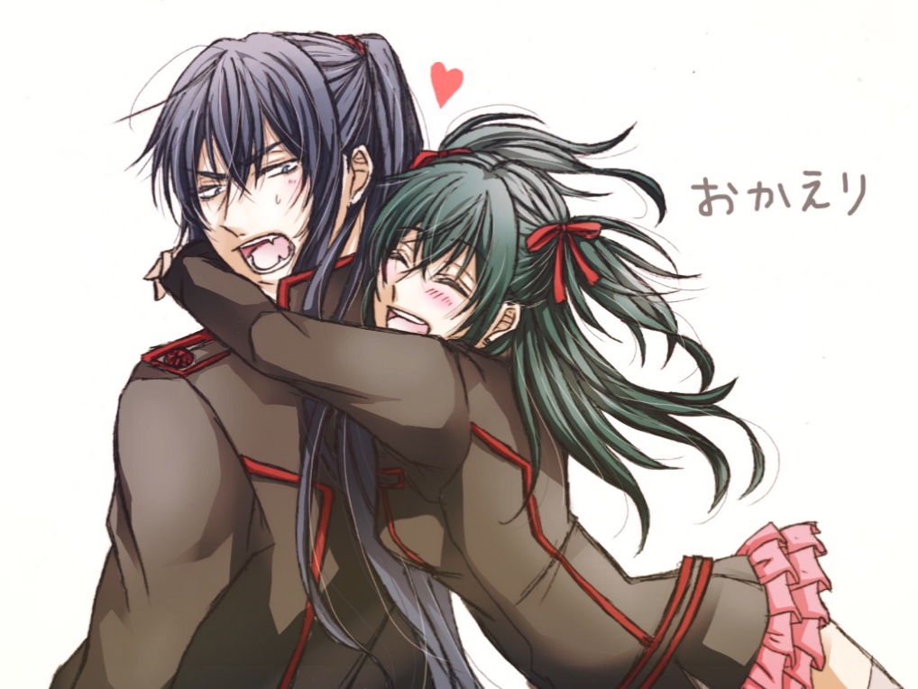 1boy 1girl :d azusa1212 bangs black_order_uniform blue_hair blush brown_jacket closed_eyes d.gray-man eyebrows_visible_through_hair floating_hair green_hair grey_legwear hair_between_eyes hair_ribbon heart hug hug_from_behind jacket kanda_yuu layered_skirt lenalee_lee long_hair long_sleeves miniskirt open_mouth pink_skirt pleated_skirt ponytail red_ribbon ribbon simple_background skirt smile thigh-highs twintails very_long_hair white_background zettai_ryouiki