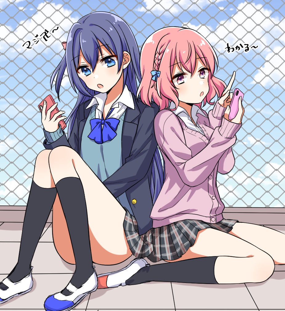 2girls after_the_rain blue_eyes blue_hair chain-link_fence fence holding long_hair looking_at_viewer multiple_girls niconico nqrse open_mouth pink_eyes pink_hair rummy_73 shoes short_hair soraru utaite_(singer) uwabaki