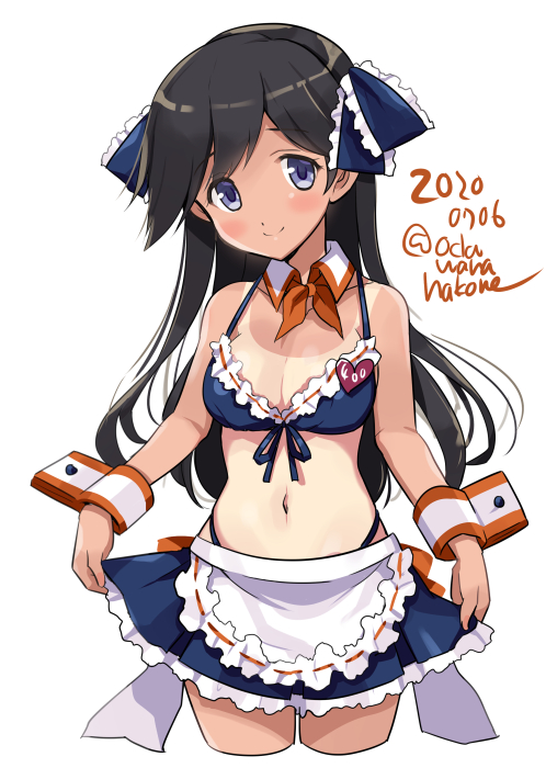 1girl alternate_costume bikini black_hair blue_bikini blue_skirt blush collarbone cropped_legs dated detached_collar eyebrows_visible_through_hair hair_between_eyes i-400_(kantai_collection) kantai_collection long_hair maid_bikini navel odawara_hakone one-piece_tan pleated_skirt simple_background skirt smile solo swimsuit tan tanline twitter_username violet_eyes white_background wrist_cuffs