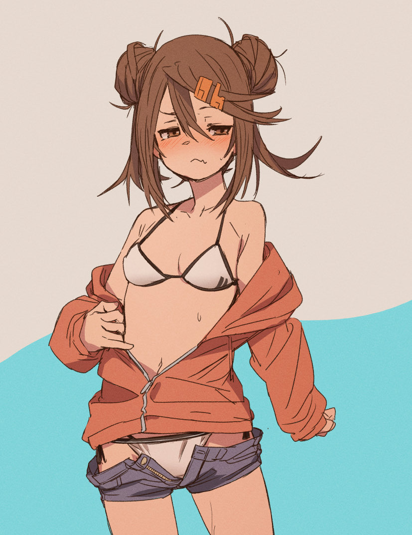 alternate_hairstyle bikini blush brown_eyes brown_hair denim denim_shorts double_bun fu-ta hair_ornament hairclip hood hoodie shorts swimsuit usami_taiga