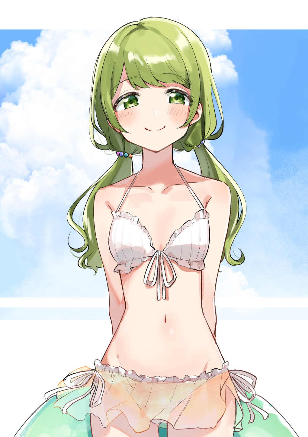 1girl arms_behind_back bangs bikini bikini_skirt blush breasts clouds collarbone commentary_request cowboy_shot frilled_bikini frills front-tie_bikini front-tie_top green_eyes green_hair halterneck highres inflatable_toy long_hair looking_at_viewer morinaka_kazaki navel nijisanji side-tie_bikini small_breasts smile solo swimsuit twintails virtual_youtuber white_bikini yuama_(drop)