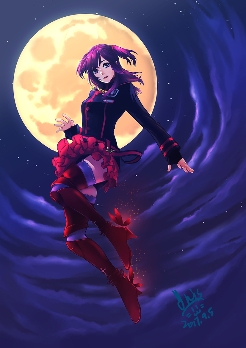 2017 bangs black_jacket black_order_uniform boots d.gray-man dated floating_hair full_body full_moon hair_between_eyes iris@work jacket knee_boots layered_skirt lenalee_lee long_hair long_sleeves looking_at_viewer miniskirt moon night open_mouth outdoors outstretched_arm pleated_skirt purple_hair purple_legwear red_footwear red_skirt signature skirt sky star_(sky) starry_sky thigh-highs two_side_up violet_eyes zettai_ryouiki