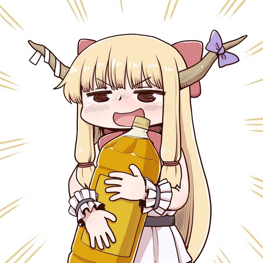 1girl :d blonde_hair blush bow cowboy_shot drunk emphasis_lines hair_bow holding horn_bow horns ibuki_suika jitome long_hair open_mouth poronegi purple_bow red_bow smile solo touhou white_background wristband