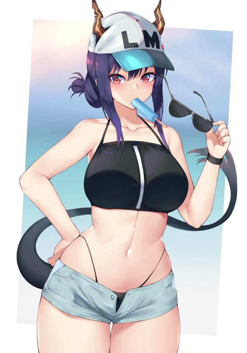 1girl arknights bangs bare_shoulders baseball_cap bikini bikini_under_clothes black_bikini blue_hair blush breasts ch'en_(arknights) clothes_writing collarbone commentary cowboy_shot dragon_horns dragon_tail eyebrows_visible_through_hair eyelashes eyewear_removed food glint hair_between_eyes hand_on_hip hand_up hat highleg highleg_bikini holding horns horns_through_headwear kuavera large_breasts long_hair looking_at_viewer mouth_hold navel popsicle short_shorts shorts solo standing sunglasses swimsuit tail thick_thighs thigh_gap thighs unbuttoned unbuttoned_shorts wide_hips wristband