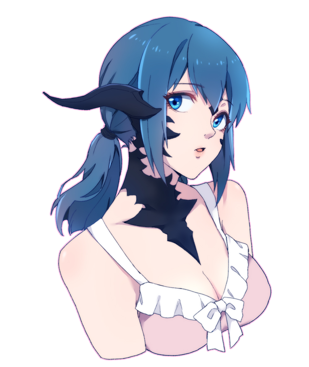 1girl au_ra bangs blue_eyes blue_hair cropped_torso dragon_horns eyebrows_visible_through_hair final_fantasy final_fantasy_xiv horns looking_at_viewer lyra-kotto scales short_hair short_twintails solo twintails white_background