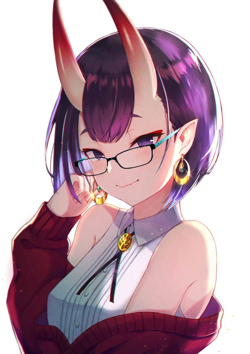 1girl bangs bare_shoulders blush bob_cut breasts closed_mouth earrings eyeliner fate/grand_order fate_(series) glasses highres horns itsumi_mita jewelry long_sleeves looking_at_viewer makeup off-shoulder_sweater off_shoulder oni oni_horns pointy_ears purple_hair red_sweater shirt short_hair shuten_douji_(fate/grand_order) simple_background skin-covered_horns sleeveless sleeveless_shirt small_breasts smile sweater violet_eyes white_shirt