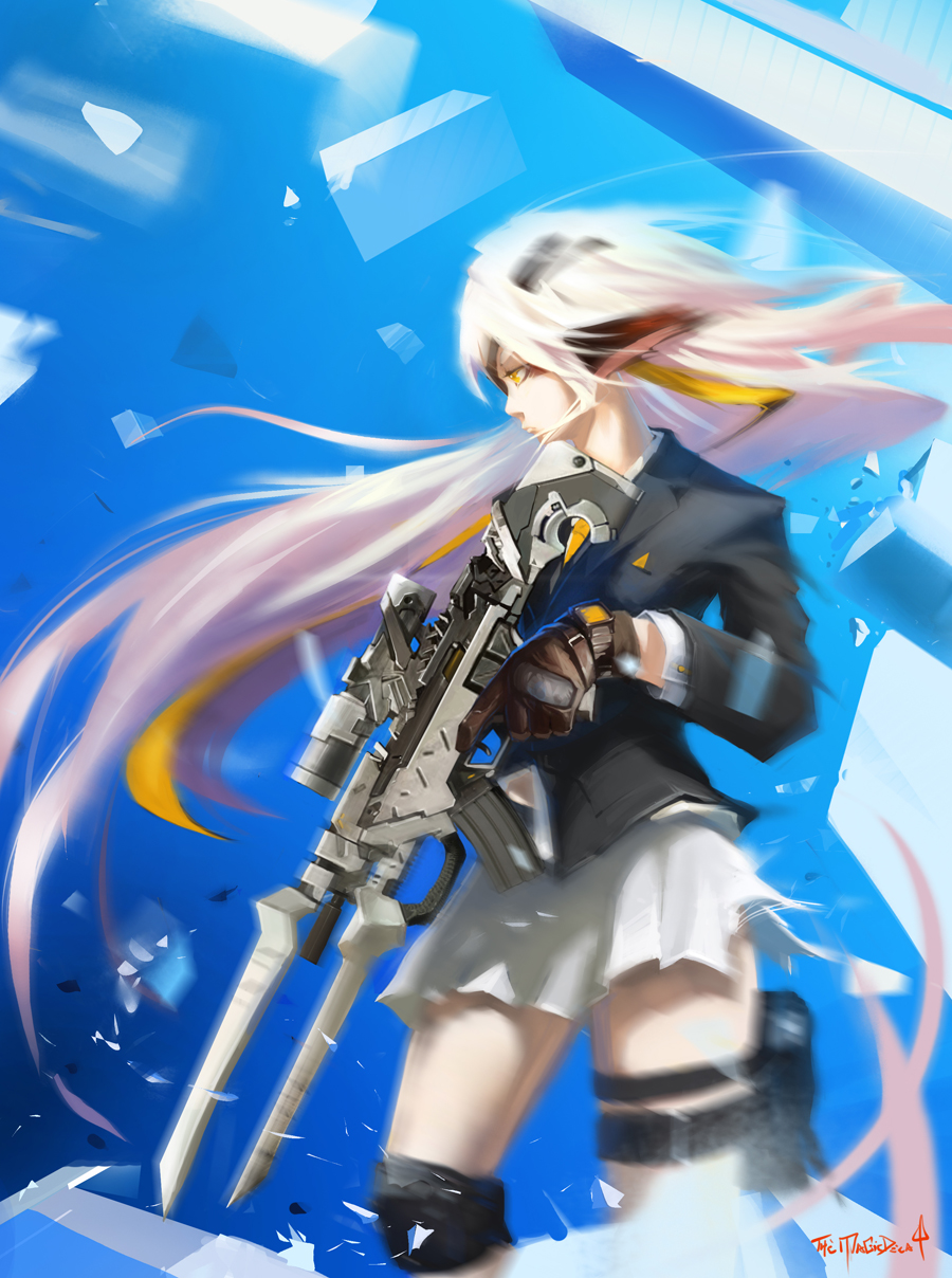 1girl animal_ears bayonet big.c black_jacket floating_hair from_side gun highres holding holding_gun holding_weapon jacket looking_ahead motion_blur pixiv_fantasia pixiv_fantasia_new_world science_fiction skirt thigh_strap weapon white_hair white_skirt