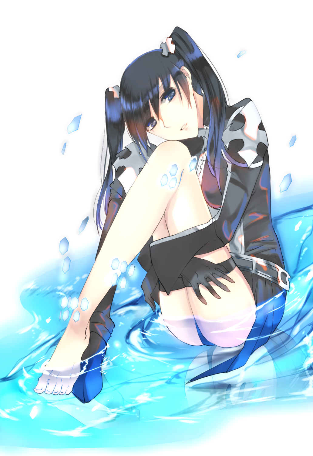 1girl asymmetrical_legwear bangs barefoot black_footwear black_gloves black_hair black_jacket black_order_uniform blue_eyes blue_panties boots breasts d.gray-man full_body gloves hair_between_eyes head_tilt highres jacket knee_boots leg_up lenalee_lee long_hair long_sleeves looking_at_viewer medium_breasts panties parted_lips rampage4r shiny shiny_hair simple_background single_boot sitting solo thigh_strap twintails underwear white_background