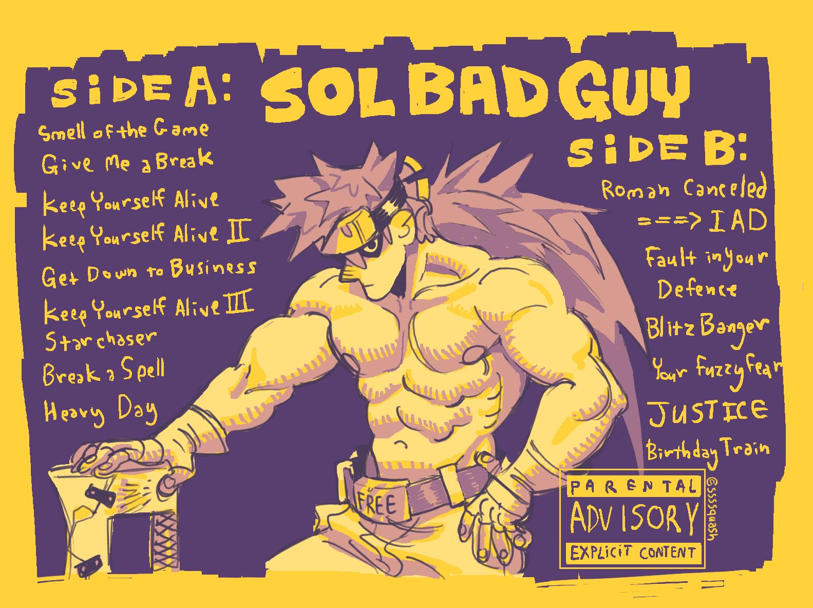 1boy abs album_cover belt belt_buckle buckle commentary cover english_commentary english_text fake_cover fingerless_gloves forehead_protector gloves guilty_gear guilty_gear_strive guilty_gear_xrd hand_on_hip headband junkyard_dog_mk_iii long_hair looking_at_viewer male_focus manly monochrome muscle parental_advisory planted_sword planted_weapon ponytail sol_badguy solo ssssquash sword weapon