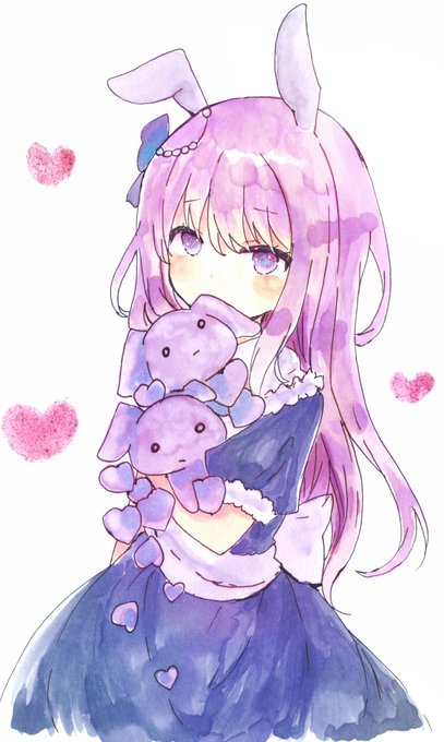 1girl animal_ears bangs blue_bow blue_dress blush bow covered_mouth dress eyebrows_visible_through_hair hair_between_eyes hair_bow heart long_hair object_hug original pink_hair puffy_short_sleeves puffy_sleeves rabbit_ears short_sleeves simple_background solo stuffed_animal stuffed_bunny stuffed_toy tsukiyo_(skymint) very_long_hair violet_eyes white_background white_bow