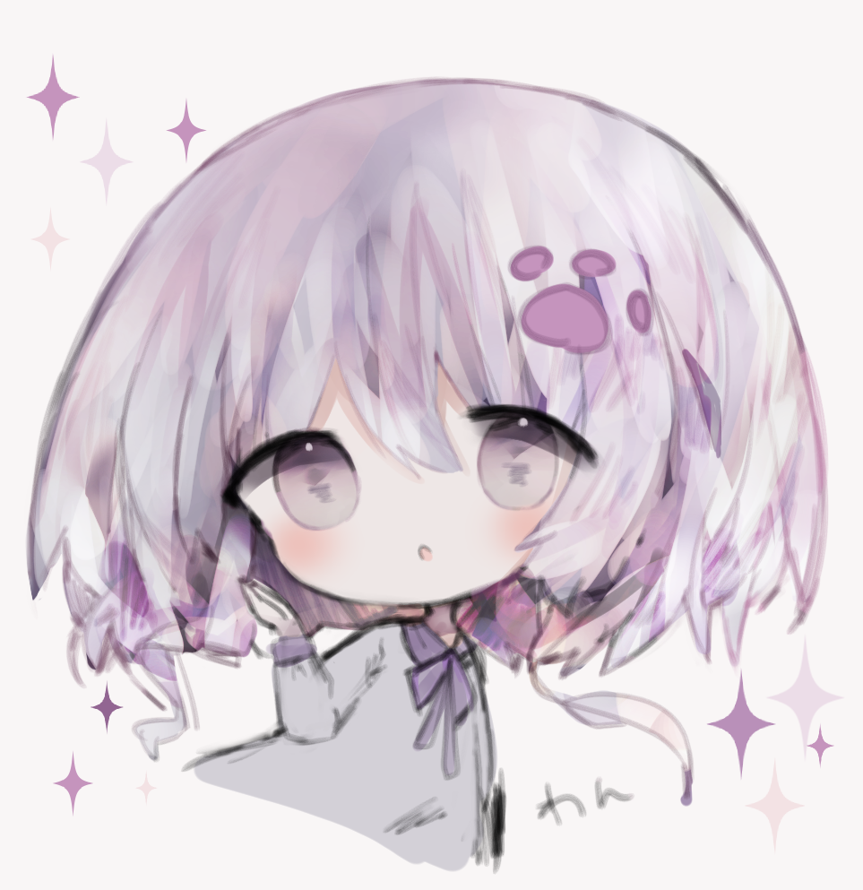 1girl :o bangs blush bow chibi cottontailtokki cropped_torso dress eyebrows_visible_through_hair grey_background grey_dress grey_eyes hair_between_eyes hand_up long_sleeves original parted_lips purple_bow purple_hair simple_background solo sparkle upper_body