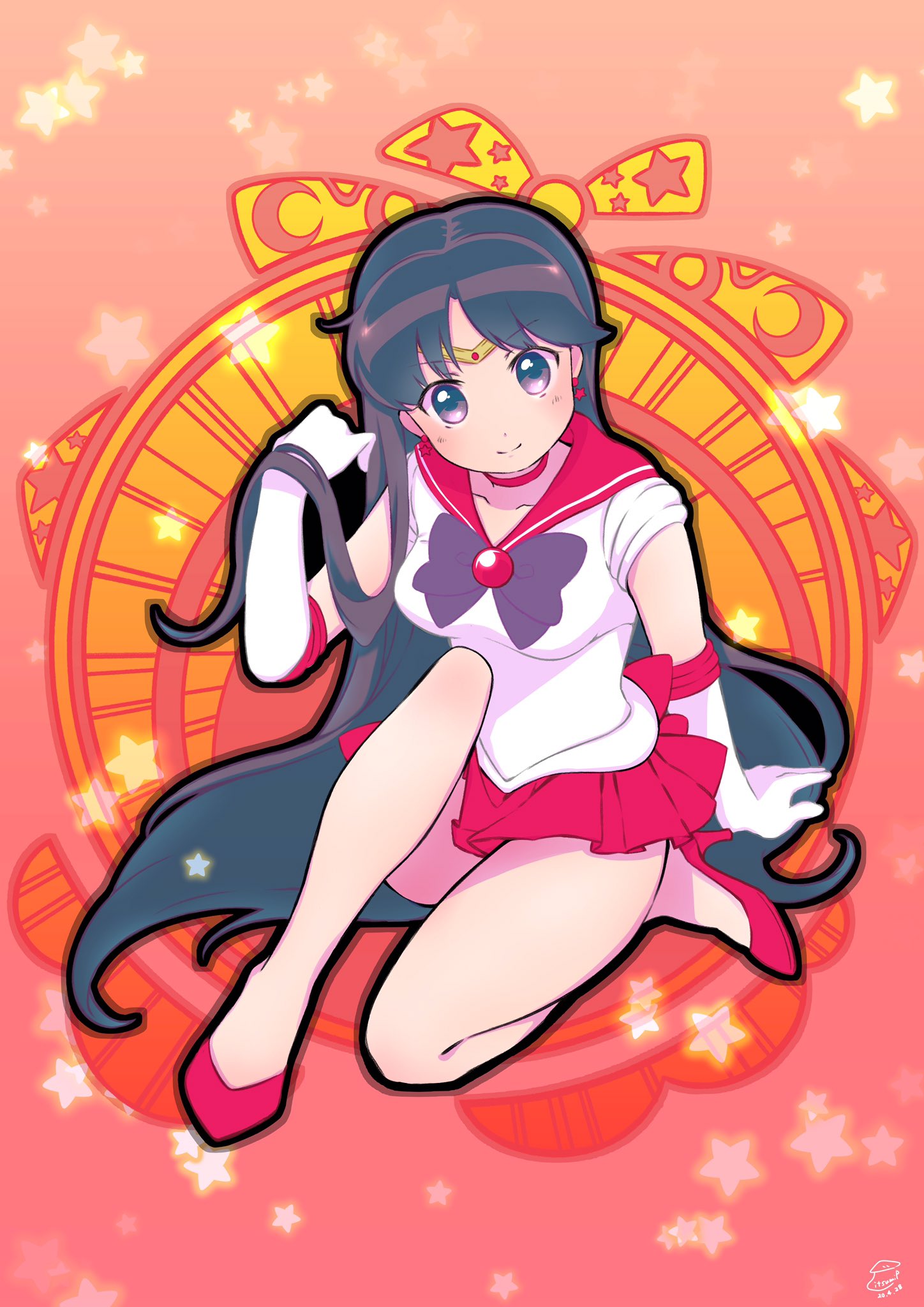 1girl arm_support artist_name back_bow bangs bishoujo_senshi_sailor_moon black_hair bow choker closed_mouth dated earrings elbow_gloves eyebrows_visible_through_hair gloves hand_in_hair high_heels highres hino_rei itsumip jewelry leotard long_hair looking_at_viewer magical_girl miniskirt one_knee pleated_skirt purple_bow red_bow red_choker red_footwear red_sailor_collar red_skirt sailor_collar sailor_mars sailor_senshi sailor_senshi_uniform signature skirt smile solo star_(symbol) star_earrings starry_background tiara violet_eyes white_gloves white_leotard