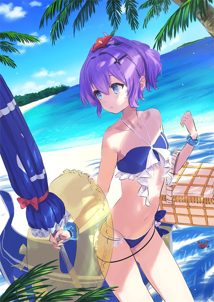 1girl azur_lane bangs bare_shoulders basket beach beach_towel beach_umbrella bikini blue_bikini blue_eyes blush bracelet breasts clouds commentary_request cowboy_shot crab cross_hair_ornament flower frilled_bikini frills hair_between_eyes hair_flower hair_ornament holding holding_umbrella innertube island javelin_(azur_lane) javelin_(beach_picnic!)_(azur_lane) jewelry looking_to_the_side navel outdoors palm_tree picnic_basket purple_hair shade shore sidelocks small_breasts solo swimsuit towel tree umbrella wasabi60 water